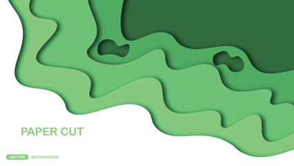 Paper cut background with wavy layers in green. Abstract design for brochure, flyer, magazine, business card, branding, banner, header, book cover, notebook vector background
