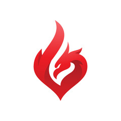 Abstract bird head and fire or flame logo design, phoenix vector icon