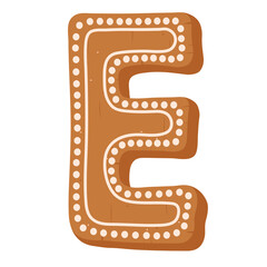 Christmas gingerbread cookie in shape of letter E on white background 