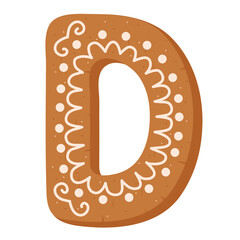 Christmas gingerbread cookie in shape of letter D on white background 
