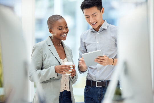 Happy, Business People And Digital Tablet Planning In Office With Creative, Design And Team Discuss Online Project. Planning, Strategy And Asian Man Share Mission, Vision And Goal With Black Woman