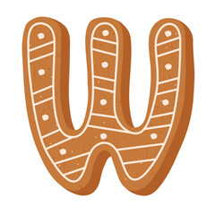 Christmas gingerbread cookie in shape of letter W on white background 