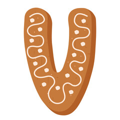 Christmas gingerbread cookie in shape of letter V on white background 