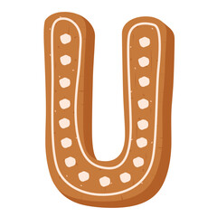 Christmas gingerbread cookie in shape of letter U on white background 