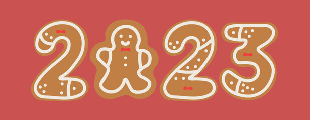 Gingerbread cookies in shape of figure 2023 on red background