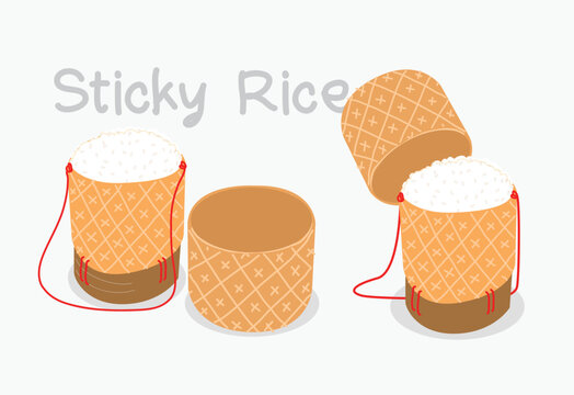 Bamboo Sticky Rice Vector. Sticky rice in bamboo basket, rice basket (kratip in Thai mean - Basket)