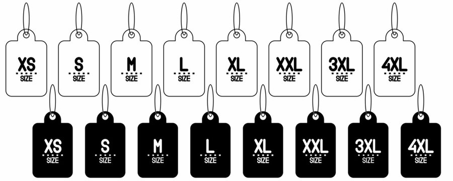 Clothing size labels line icon set isolated on white background.S, M, L, XL, XXL 3XL 4XL labels