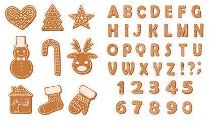 Set of Christmas gingerbread cookies in shape of letters, figures and symbols on white background 