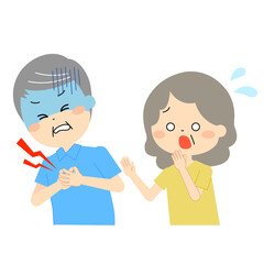 胸の痛みに苦しむ高齢男性　心配する高齢女性