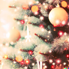 Obraz na płótnie Canvas Christmas Tree Decoration with Baubles and Blurred Shiny Light Xmas December