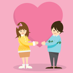 illustration of Lovers couple carrying abstract big heart as a gift together and have blank space for advertisement wording. Vector characters couple in love with big heart. Greeting card template. 