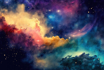 Obraz premium Nebula and stars on a hand painted watercolour space background. Generative AI
