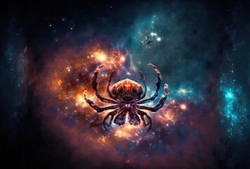 Deep space backdrop with cosmic clouds and an abstract cosmic tarantula NASA provided the stars, planets, and other background space scenery for this photograph. Generative AI