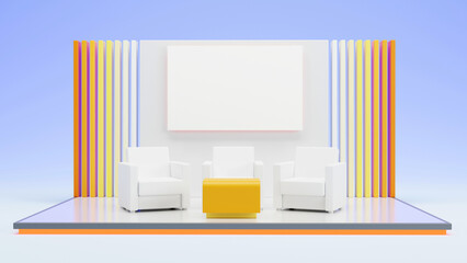 Presentation stage talk show backdrop with table sofa on pastel background, 3D rendering