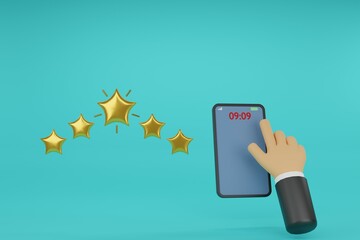 Customer pressing screen on a smartphone with gold five-star rating feedback. 3d render illustration.