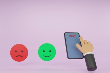 Customer press on smartphone feedback. Clients choose satisfaction ratings and leave a positive review. Customer service and user experience concept. 3D render illustration.