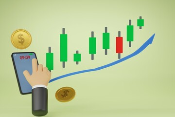 Right-hand press on a smartphone in the virtual stock market. The financial chart or candlestick chart to buy and sell for stock exchange market concept. 3D render illustraion.