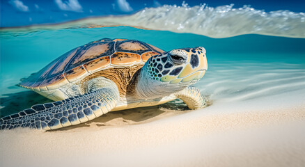 Green Sea Turtle Cruising in the warm waters of the Pacific Ocean	 - obrazy, fototapety, plakaty