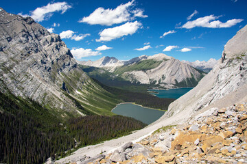 View of Hidden Lake and Upper Kananaskis Lake from hiking trail, Kananaskis Country, Alberta