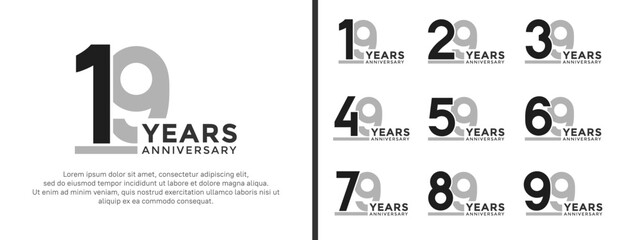 set of anniversary logo style flat black and grey color for celebration