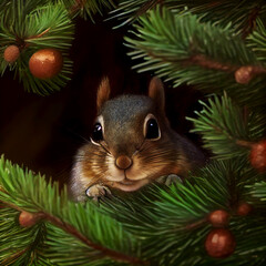 Cute Squirrel in Evergreen Tree created with Generative AI Technology