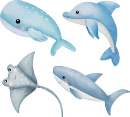 Cute Ocean Animals Watercolor Clipart