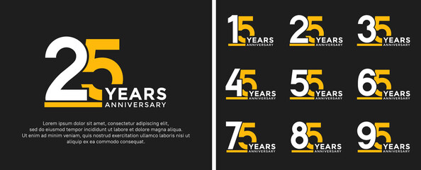 set of anniversary logo style flat white and yellow color for celebration - obrazy, fototapety, plakaty