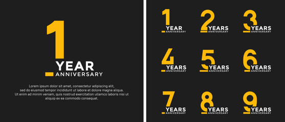 set of anniversary logo style flat white and yellow color for celebration