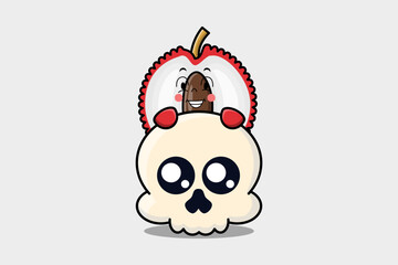 Cute Lychee cartoon character hiding in skull illustration in flat modern design