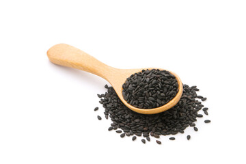 Black sesame seeds in wooden spoon isolated on white background.