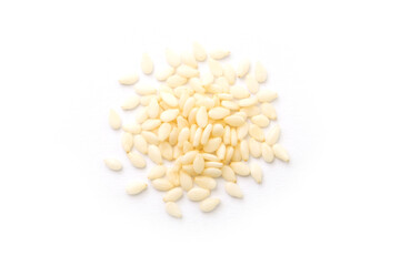 Group white sesame seeds isolated on white background , top view , flat lay.