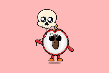 Cute cartoon Lychee floating with skull balloon in flat cartoon vector icon illustration