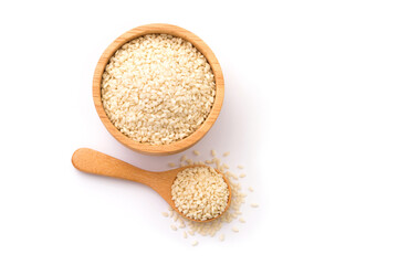 White sesame seeds in wooden bowl and spoon isolated on white background , top view , flat lay.