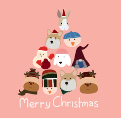Fototapeta premium Cute cartoon of animal heads are arranged into a triangle shape as a Christmas tree on a pink background