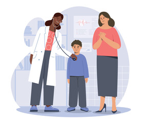 Pediatrician with child. Woman with stethoscope listens to boy. Health care and regular check ups. Mother brought her son to specialist. Medical help and support. Cartoon flat vector illustration