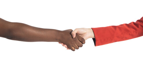 Multiethnic young women shake hands meeting together, they show business friend team harmony, have positive expressions agreement. Business no limit racism unity concept. white background isolated