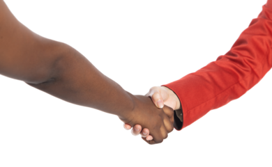 Multiethnic young women shake hands meeting together, they show business friend team harmony, have positive expressions agreement. Business no limit racism unity concept. white background isolated