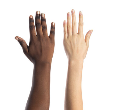 Multiethnic young women bare hands as racism freedom, they show business friend team harmony, have positive expressions agreement. World People no limit unity concept. white background isolated