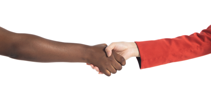 Multiethnic young women shake hands meeting together, they show business friend team harmony, have positive expressions agreement. Business no limit racism unity concept. white background isolated