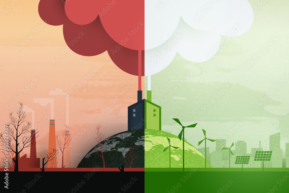 Poster global warming and climate change concept.half world of polluted and green environment background.pa