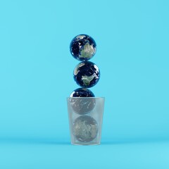 Globe Global Earth Stacked on Recycle bin on blue background. 3D Render. Creative minimal idea concept.