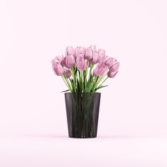 bunch of flowers Pink tulips put on black recycle bin on pink background studio. 3D Render. Idea concept creative.
