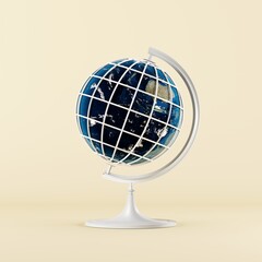 Close up World Global mock up with cable wires internet network technology creative concept idea. 3D Rendering.