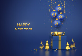Happy New Year 2023. Hanging Blue Christmas bauble balls with realistic golden 3d numbers 2023 and confetti. Gift box and golden metallic pine or fir cone shape spruce trees. Vector illustration.