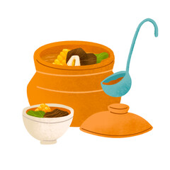 Filipino bulalo stew in palayok clay pot with bowl and ladle