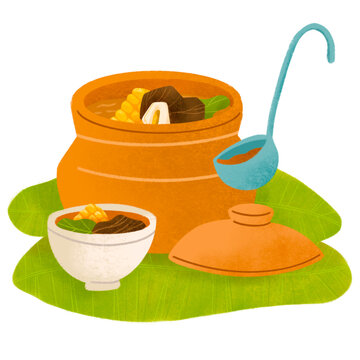 Filipino bulalo stew in palayok clay pot with bowl, ladle, and banana leaves