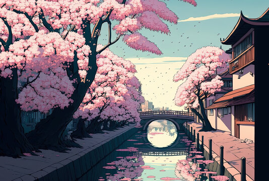 Japan's Sakura tree and canal. Generative AI