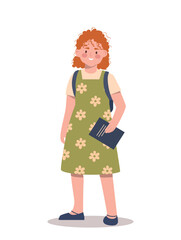 Cute schoolgirl concept. Charming girl stands with backpack and book in her hand. Education and training. Symbol of September 1 and International Day of Knowledge. Cartoon flat vector illustration