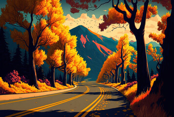 Naklejka na ściany i meble A breathtaking road is flanked by stunning, vibrant fall trees. Generative AI