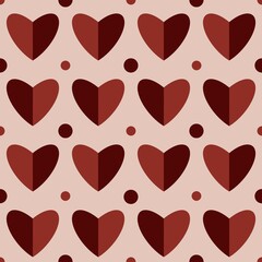 Fototapeta premium Valentine’s Day heart background. Seamless pattern with red hearts and dots on pink background. Raster geometrical romance pattern.